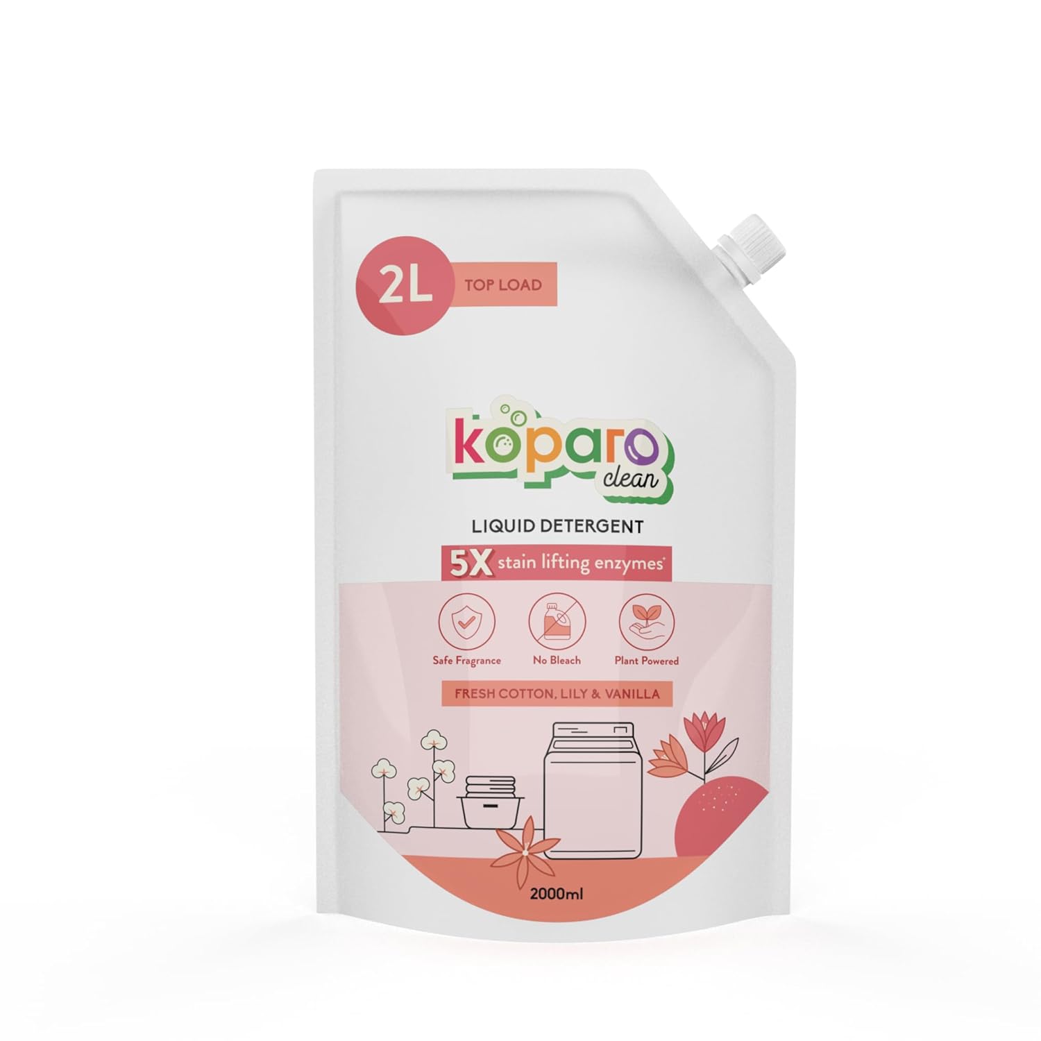 Koparo Natural Laundry Liquid Detergent | 2 Litres | Lily & Vanilla Fragrance | Top Load, Front Load Washing Machine & Hand Wash Friendly | Organic & Eco-Friendly | Tough on Stains, Safe for Kids