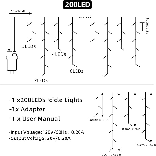 Miniatura 6 de Luces de Navidad de carámbano para exteriores - 200 LED 6.4+4.9 m 8 modos, cortina de luces de hadas en forma de guirnalda, enchufables, Blanco