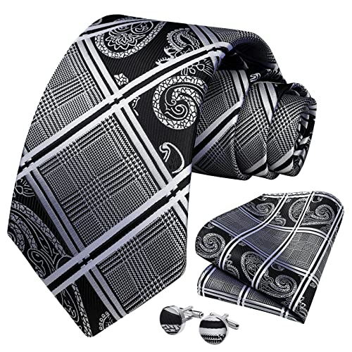 Image of HISDERN Mens Ties Set Stripe Plaid Ties for Men and Pocket Square Cufflinks Formal Silk Necktie Wedding Business