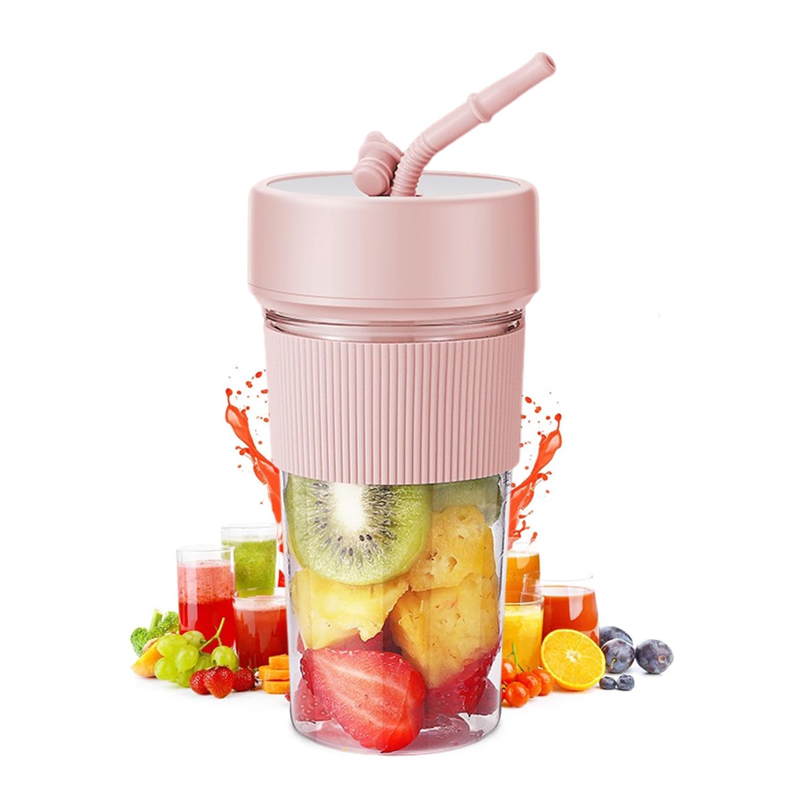 Frullatore portatile per smoothie Maker, 350 ml, frullatore portatile di tipo C, frullatore personale senza BPA, mini mixer con 6 lame per succo di alimenti per bambini, viaggi (rosa)