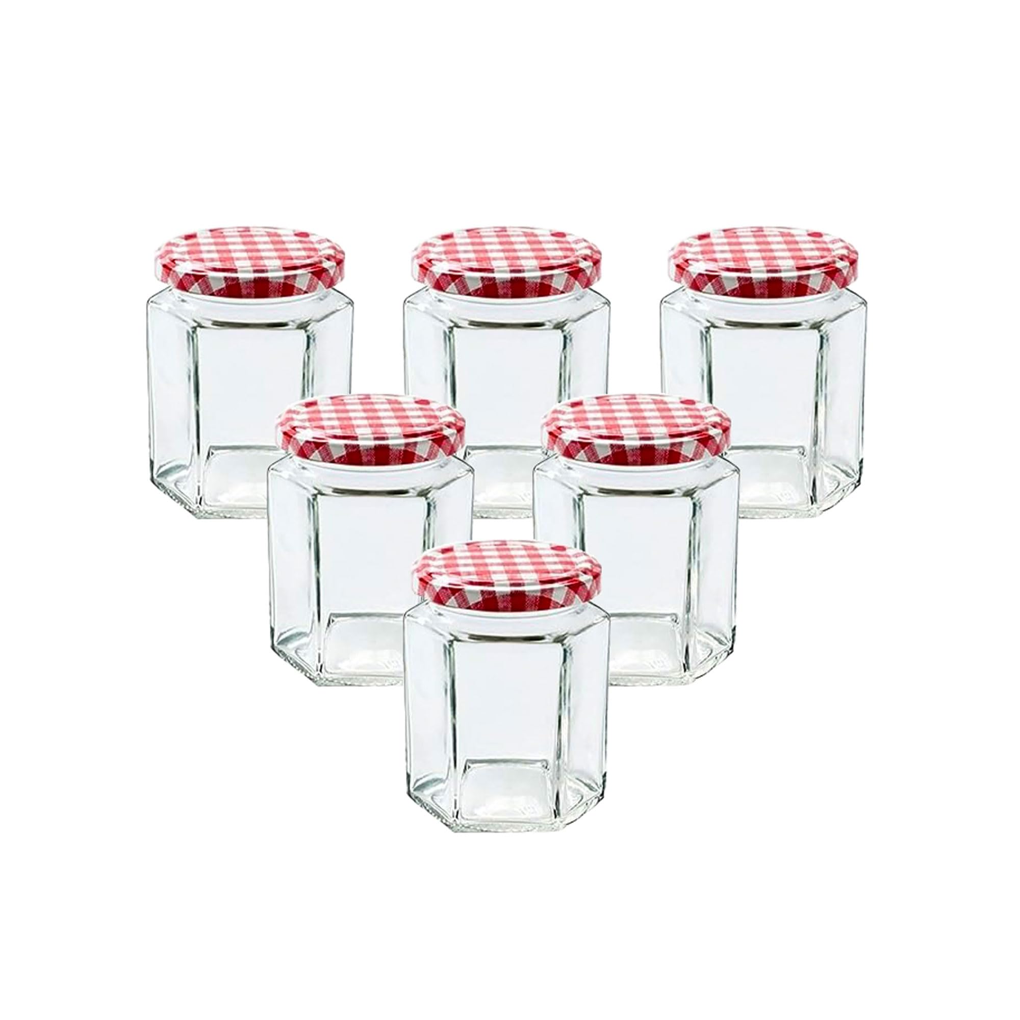 Lucente Red Lucenté 6Pc Glass Jam Jars Preserve Pots Pickle Jars With Airtight Gingham Screw Top Lids - 280Ml