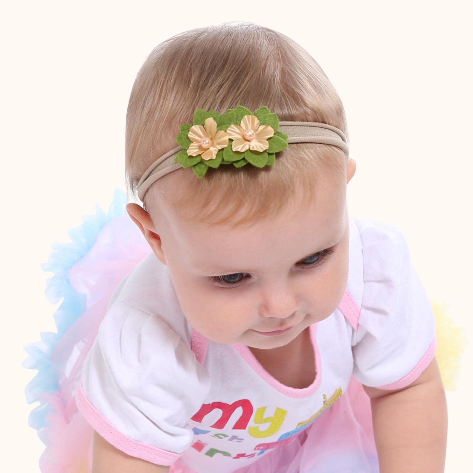 SYGA 3 Pcs Baby Headband Nylon Flower Stretchable HairBand for Newborn Infant Toddlers Kids 0-3 Year (Khaki, Free Size) 1