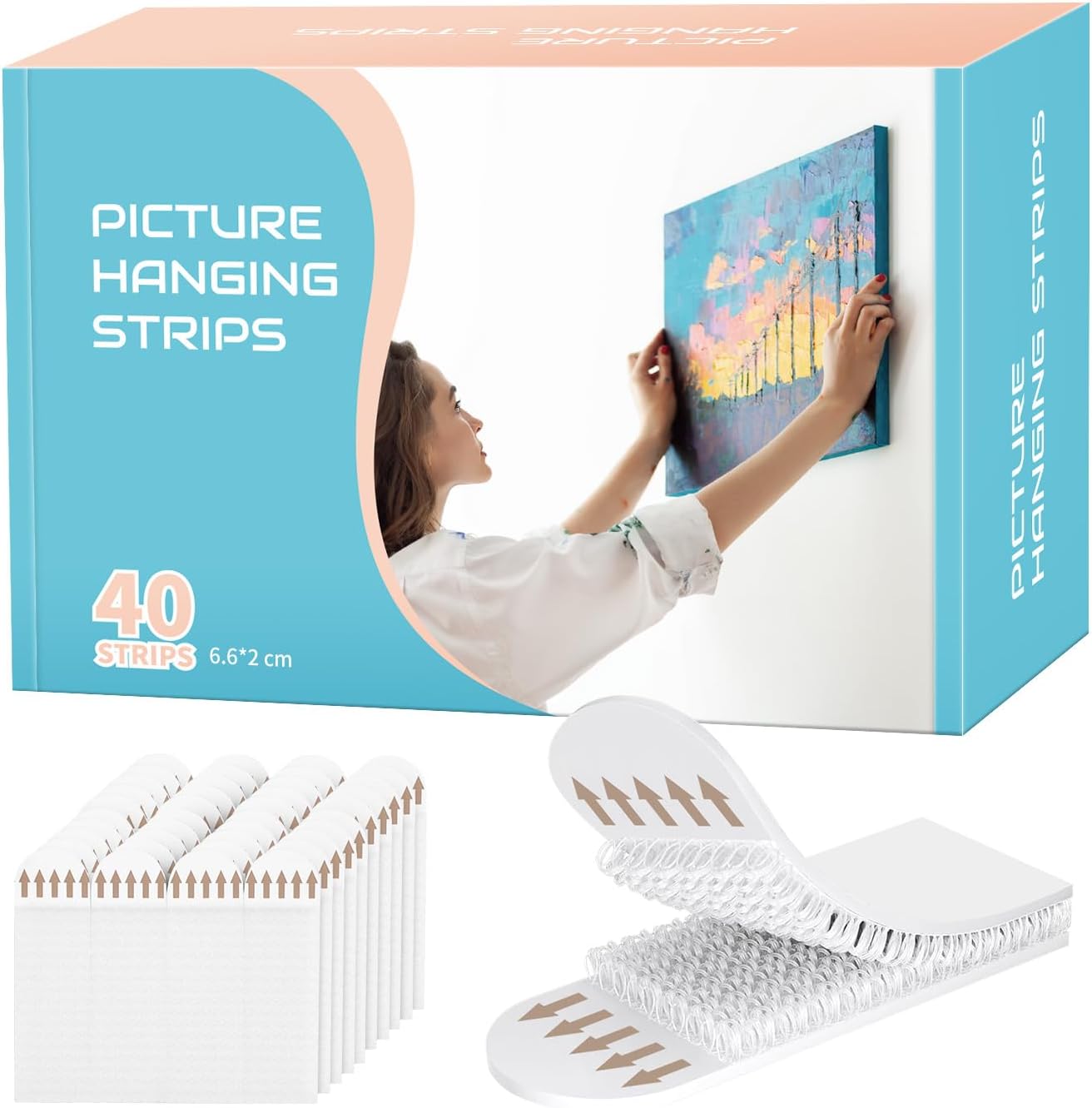 Picture Hanging Strips Heavy Duty 20 Pairs/40Strips, Damage Free Hanging Picture Hangers, Removable Adhesive Hook Loop Wall Strips, Frame Stickers No Nails for Home Decor Wall Posters Photos(6.6CM)