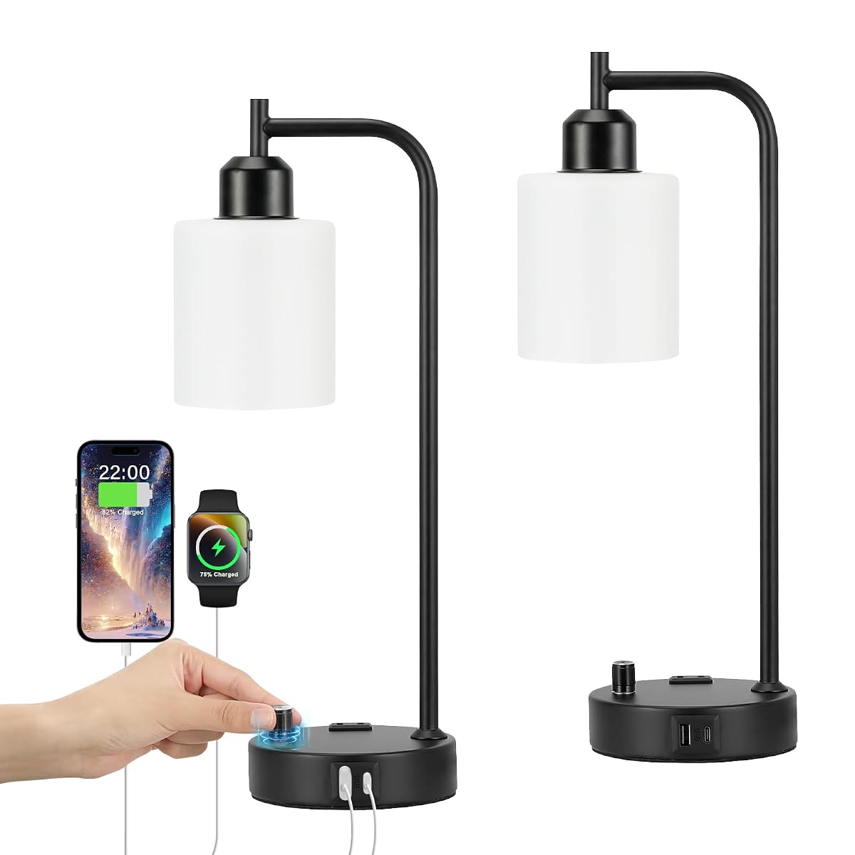 Innqoo Industrial Bedroom Lamps Set of 2 - Fully Dimmable, Opal Glass Shade,