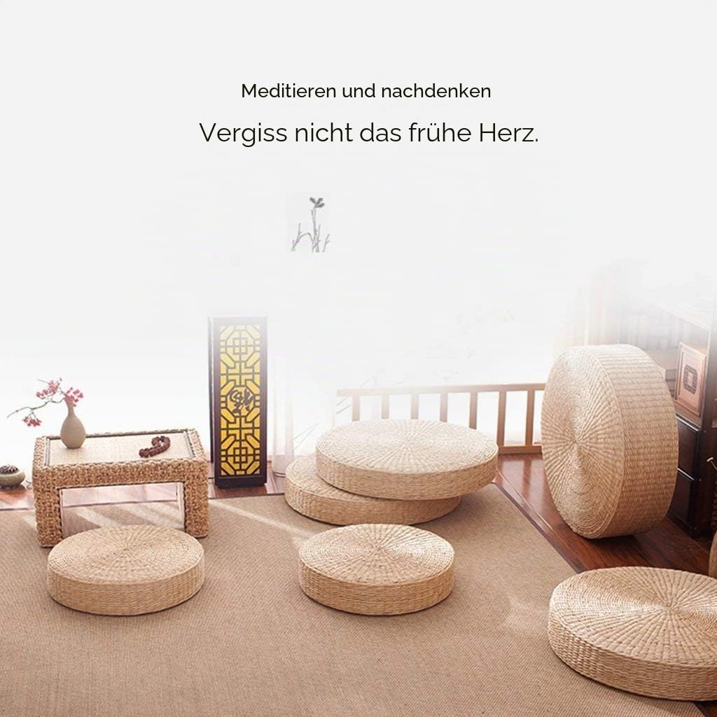 HUAWELL Tatami Bodenkissen, Sitzkissen, größere Größe, rund, gepolstert, Strohmatte für den Außenbereich, Durchmesser: 50 cm, 2 Stück