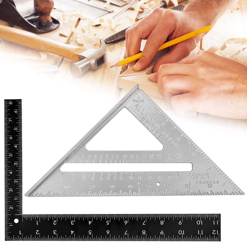 DURANTEY 2 Pack Triangle Ruler 7 Inch Triangle Ruler Aluminum Alloy Speed Square Protractor with L Shape Square Ruler Black Right Angle Ruler for Carpenter, Engineer, Roofer and Craftsmen