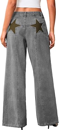 ChiaoLezhee Women's Low Rise Baggy Jeans with Star Design, Soft Straight Wide Leg Pants, Lightweight and Comfortable