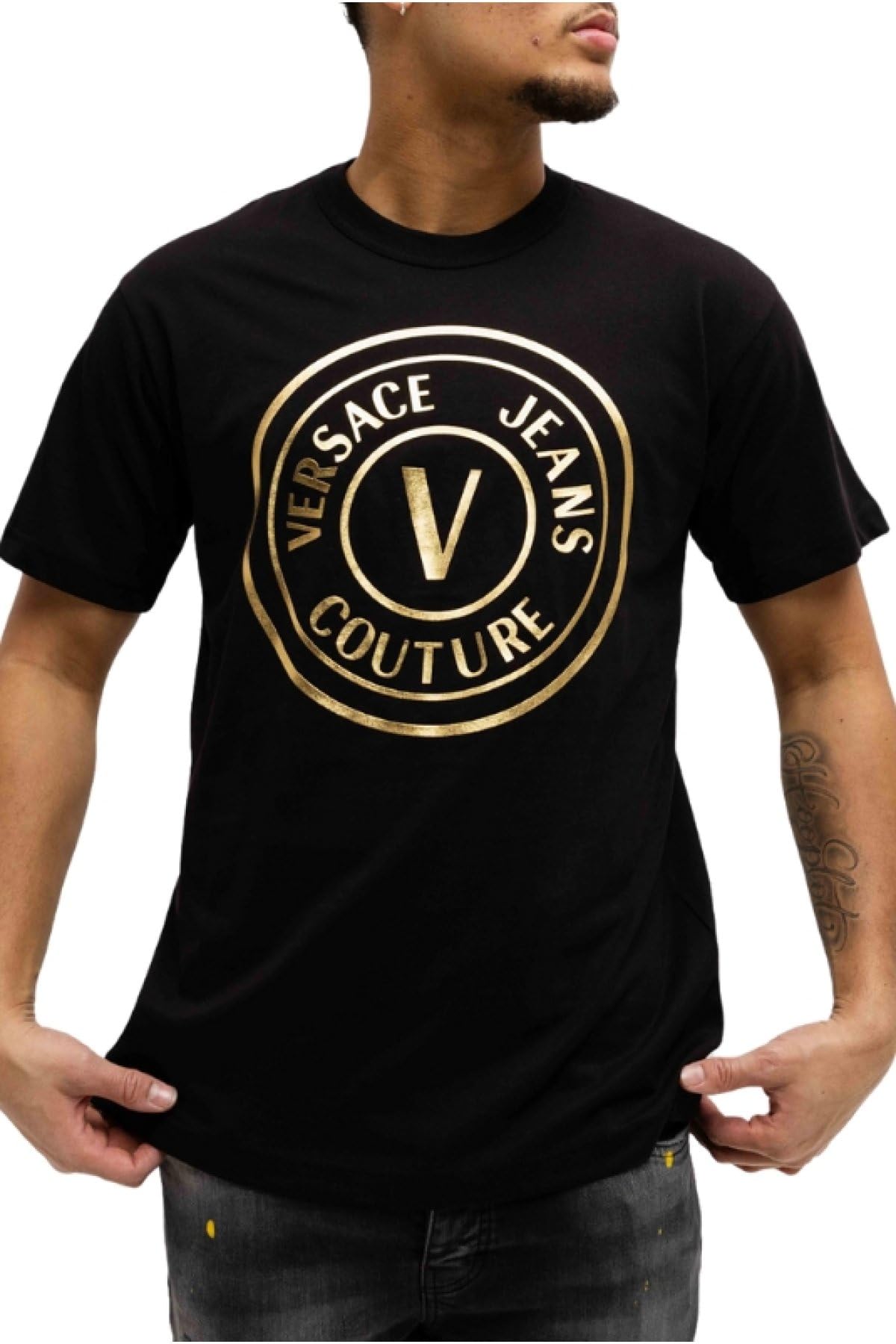Versace Men's Black V-Emblem Logo /Gold T-Shirt - Size 40
