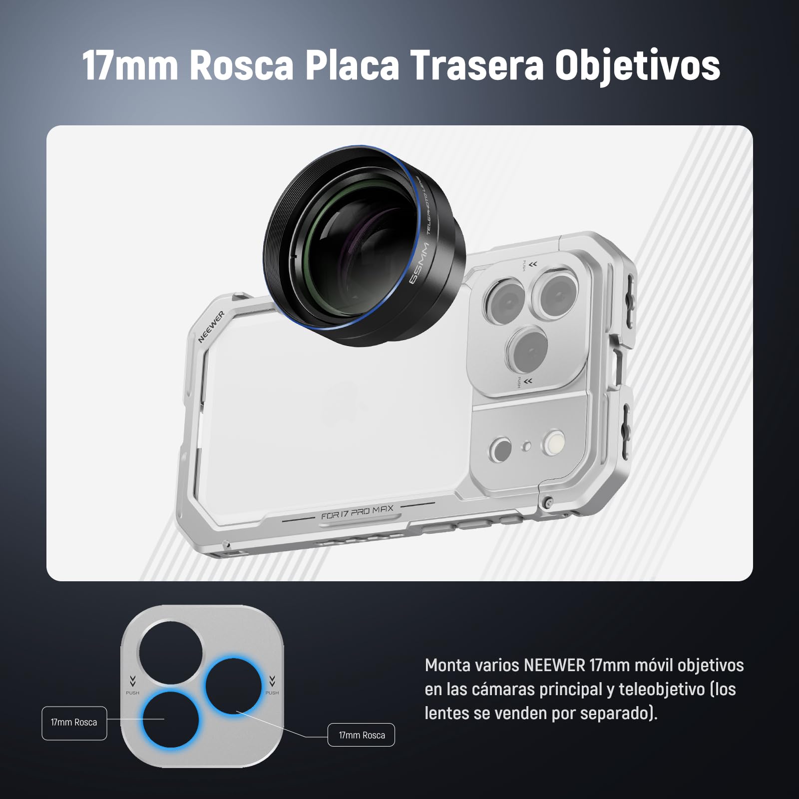 NEEWER Phone Cage Compatible con iPhone 17 Pro MAX,Quick Release Video Rig Estabilizador Accesorios con 67mm Anillo Filtro, 17mm Lens Backplate,T Mount Adaptador,4xTapa Control Cámara,PA144(Plateado)