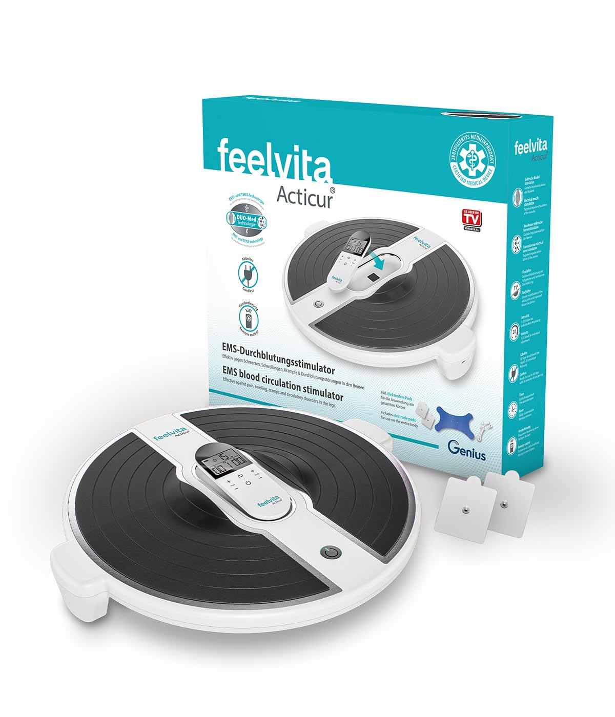 Genius Feelvita Acticur Durchblutung- Stimulator Bein und Fuß 11 tlg, EMS Gerät Füsse elektrisch, TENS Stimulator 2 Elektrodenpads, Durchblutungsförderung, für Neuropathie, Krämpfe, Knie Beinschmerzen