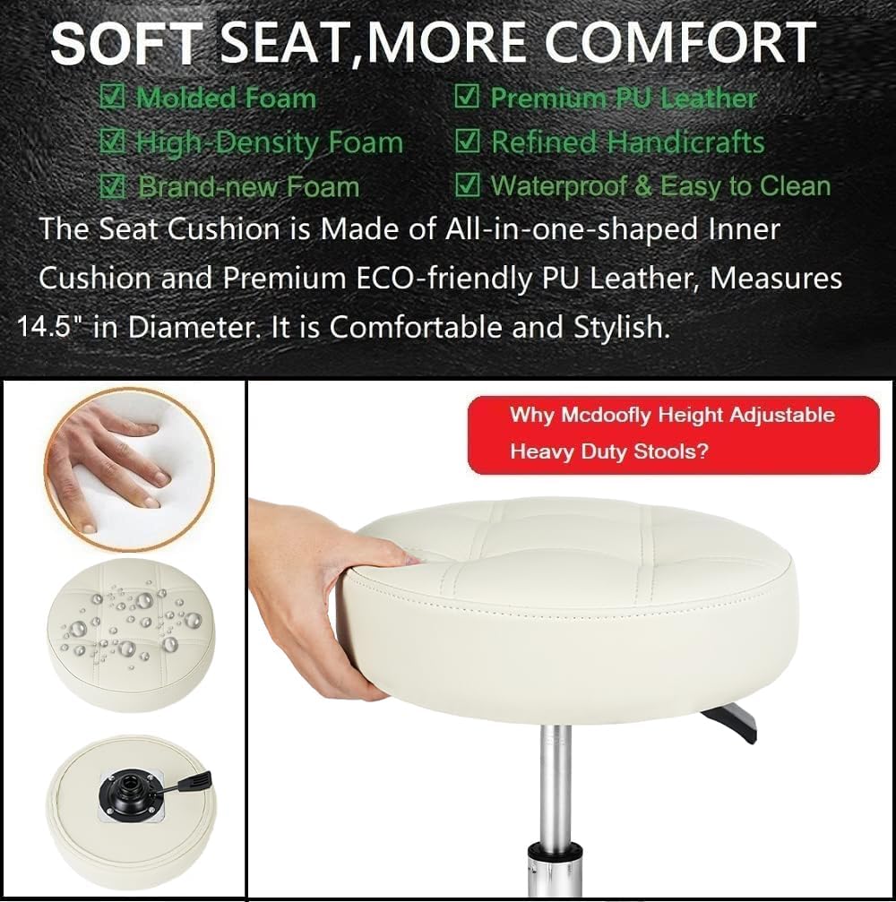 Adjustable Heavy Duty Stool - Rolling Stools with Locking Caster Wheels - Swivel Stools Backless Chair for Home Kitchen Office Shop Tattoo Lash Tech Pedicure(Off White, Height 22 to 30 in)