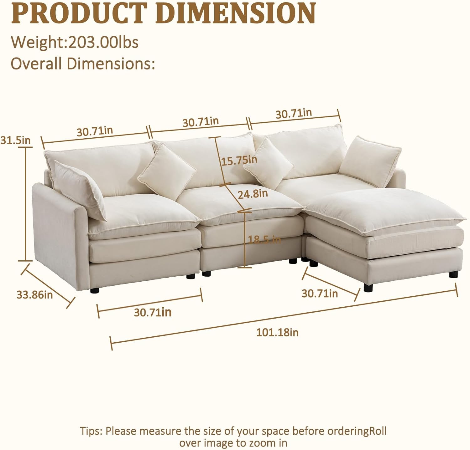 L-Shaped Modular Sectional Sofa, Deep 3-Seat Sofas with Moveable Ottoman, Comfy Modular Couch with Chenille Covers, Small Sofa Furniture for Living Room, Apartment, Studio, Office, White