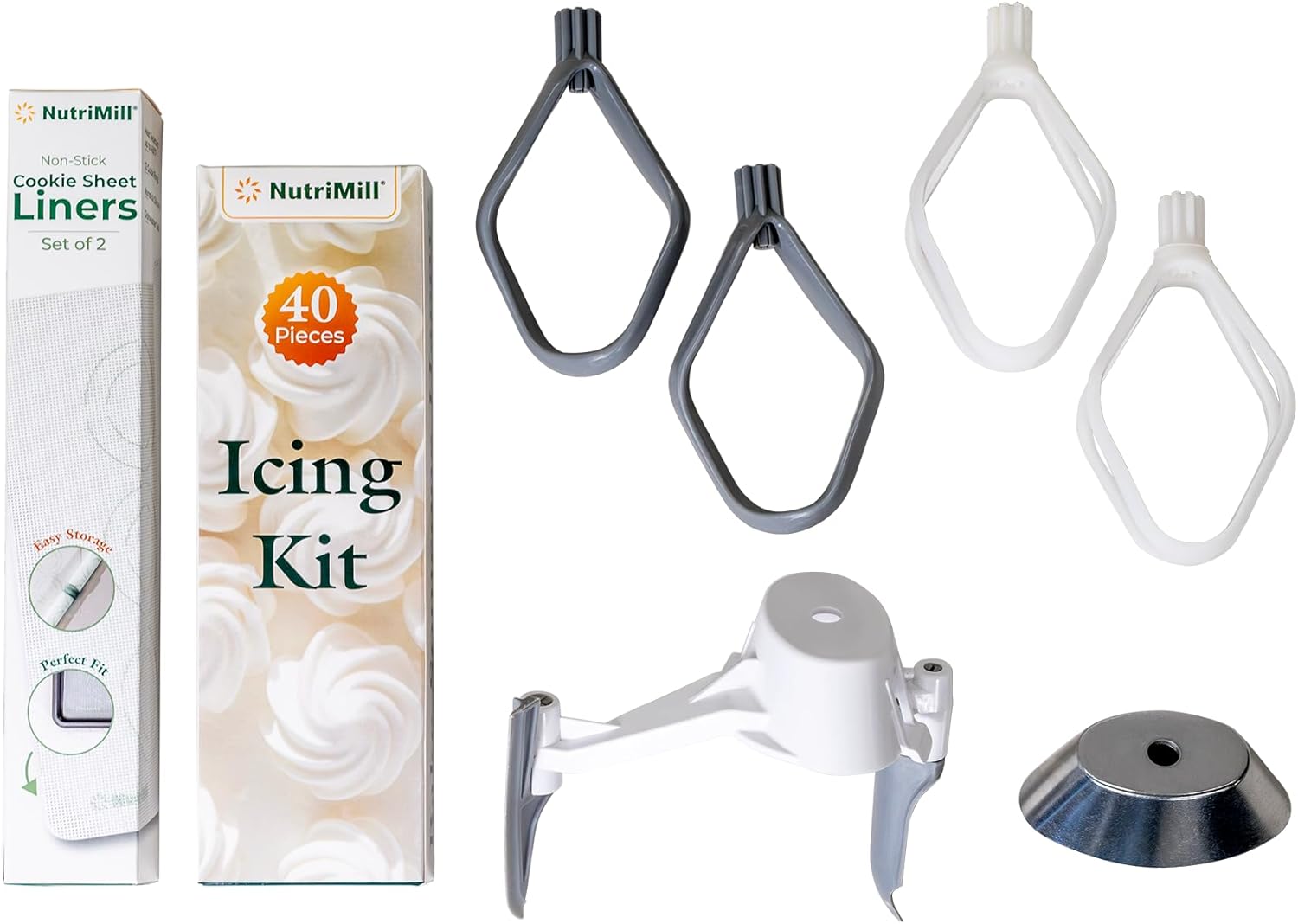 NutriMill Baker’s Bundle for Bosch Universal Plus and NutriMill Artiste – Bowl Scraper, Cookie Paddles, Cake Paddles, Metal Whip Driver, Icing Kit, Cookie Sheets