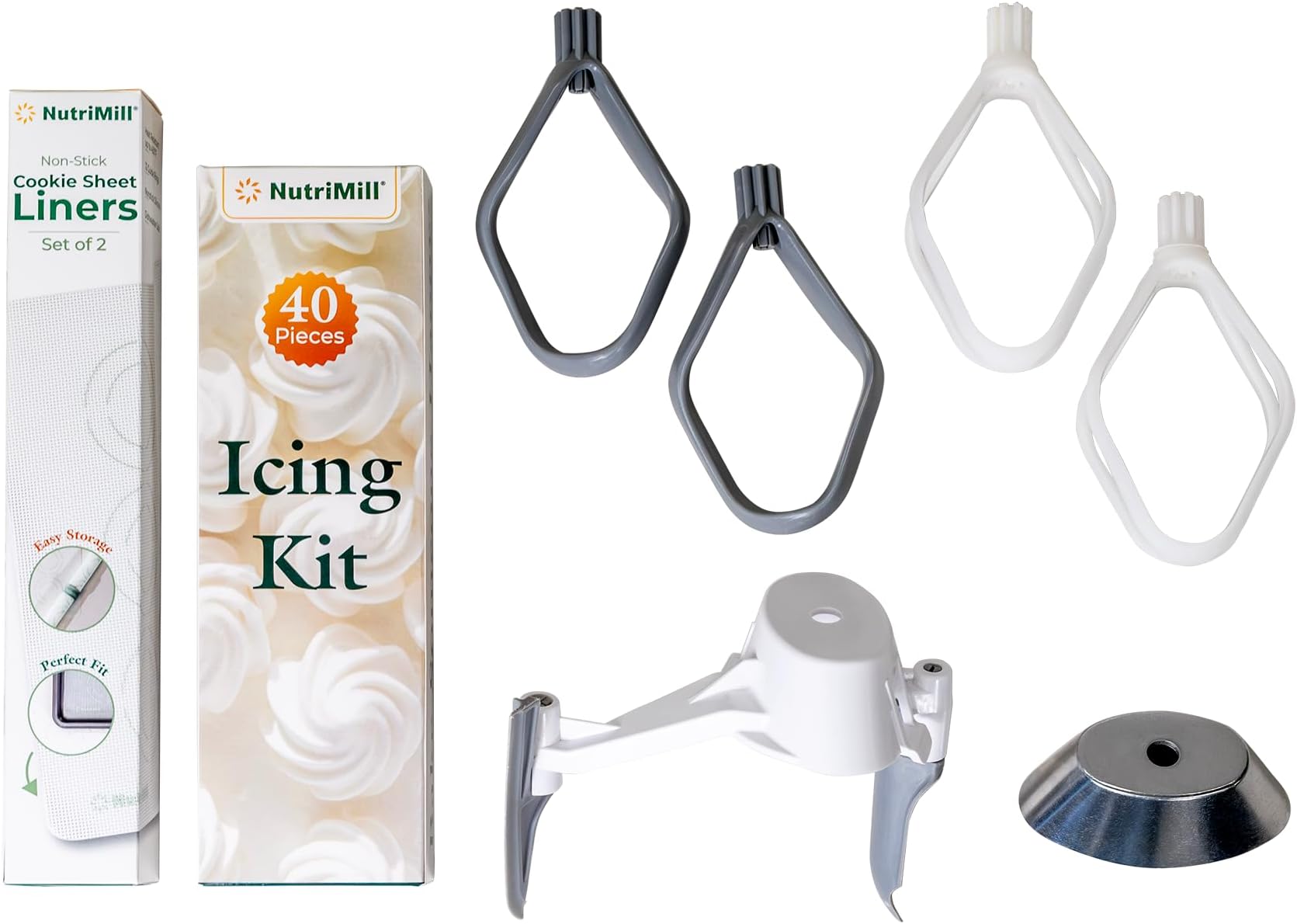 NutriMill Bakerโs Bundle for Bosch Universal Plus and NutriMill Artiste โ Bowl Scraper, Cookie Paddles, Cake Paddles, Metal Whip Driver, Icing Kit, Cookie Sheets