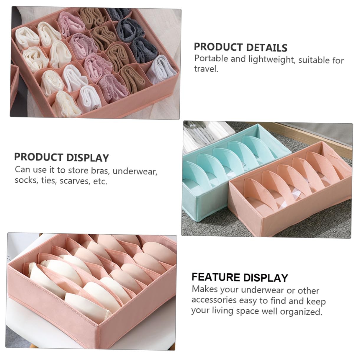 Organizador de Ropa Interior y Calcetines de Tela No Tejida Caja de Almacenamiento Portátil con Compartimentos para Viaje y Hogar Caja Organizadora de Ropa con Tapa Rosa