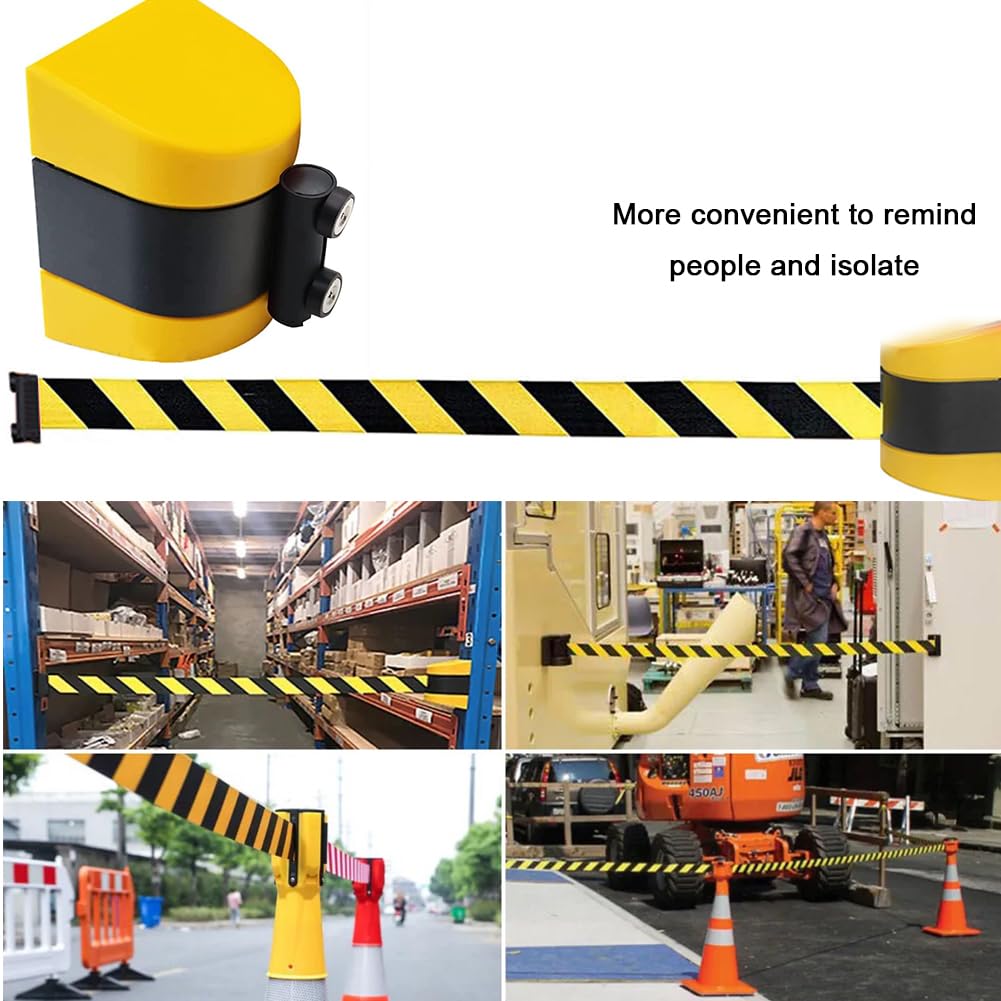 Barrera Colas retráctil Pared, Cinta Seguridad para comercios, hoteles y Eventos. Cinta extraíble Amarilla y Negra para Control multitudes y gestión Colas.