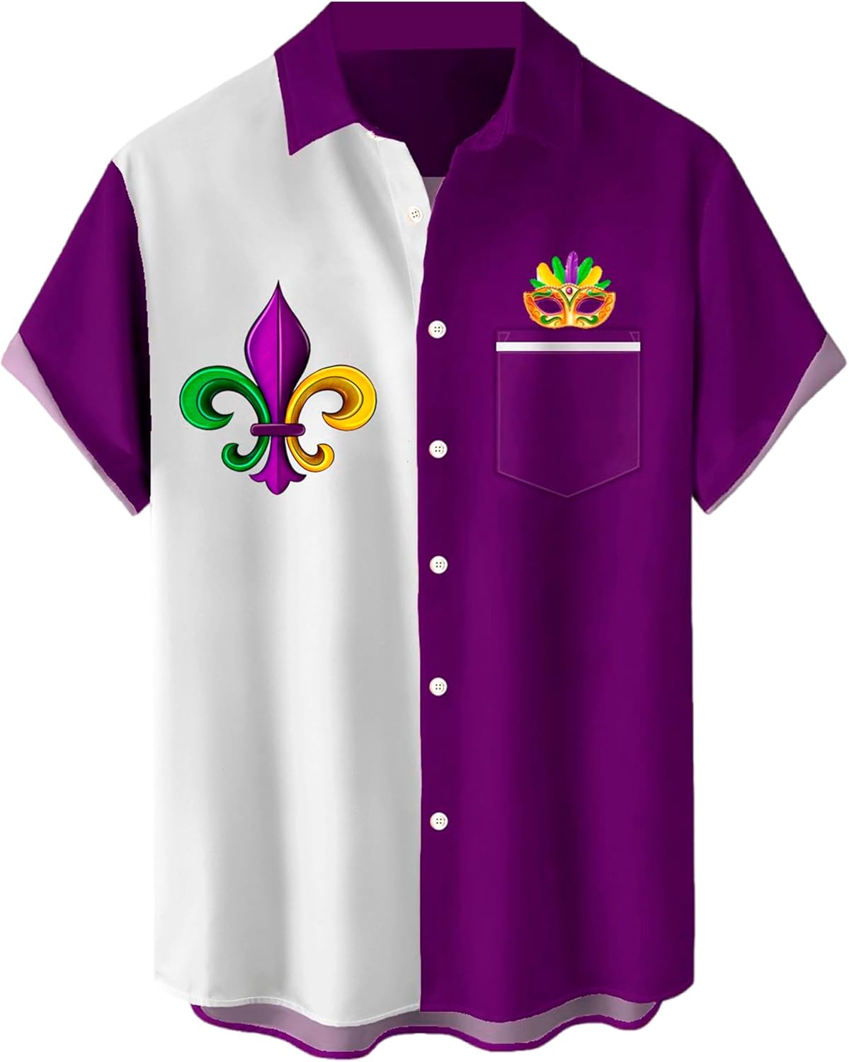 Mens Mardi Gras Shirt Print Short Sleeve Hawaiian Bowling Casual Button Down Beach Shirts