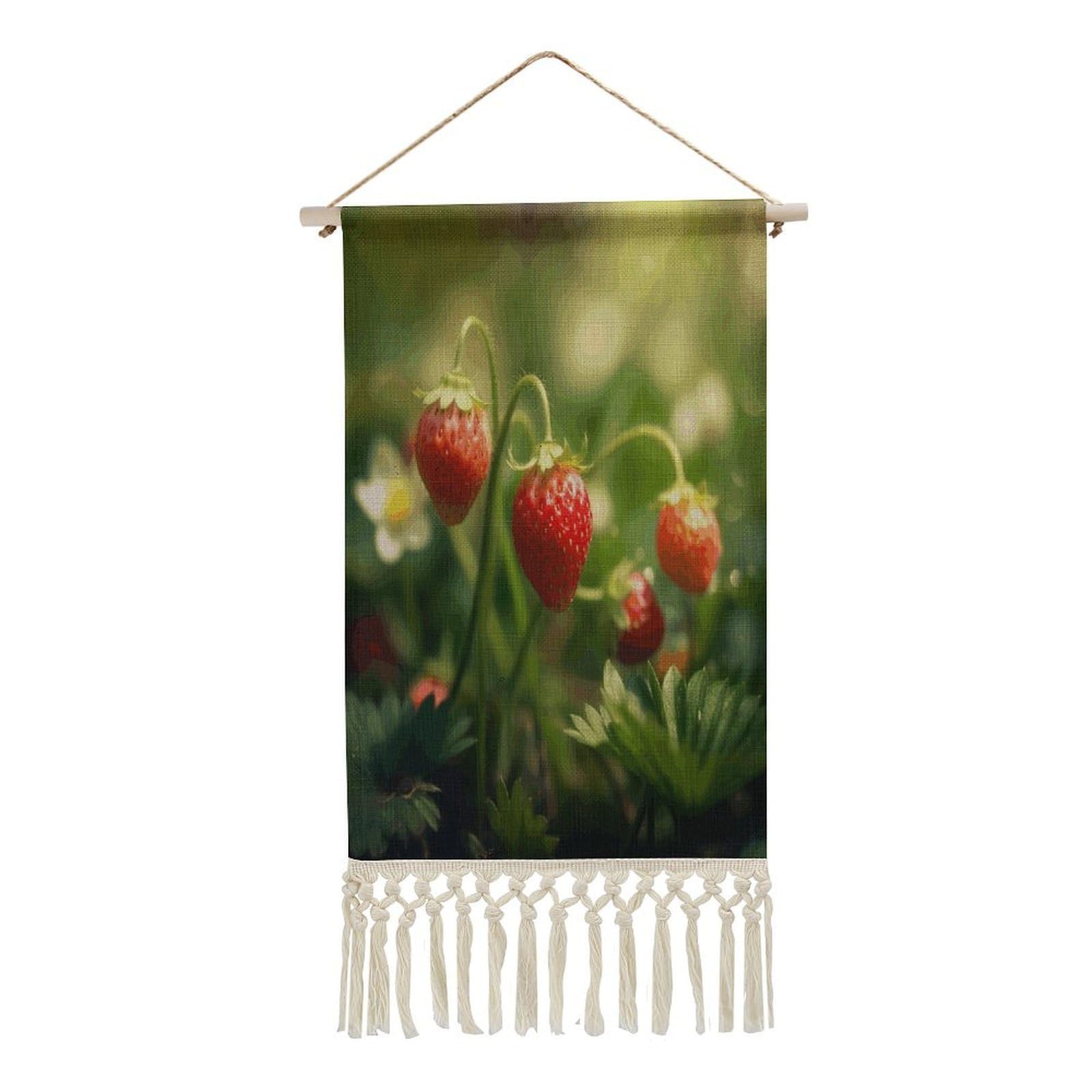 Adfgyerh Style Strawberries On The Grass Tapestry With Tassels Cotton And Linen Hanging Posters, Wall Art For Travel Gift, Wall Tapestry For Office Home Decor Bedroom Living Room Decor