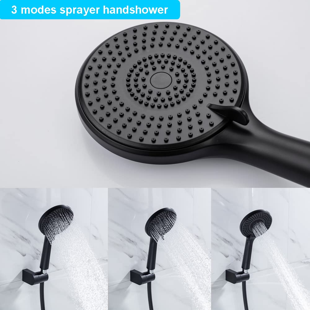 ONECE Rubinetto Doccia a Parete in Ottone Nero, Set Miscelatore Doccia con Doccetta a 3 Modalità Φ12 cm, Temperatura Regolabile, con Supporto e Tubo Flessibile