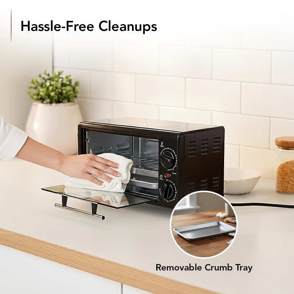 OVENTE 8L Countertop Toaster Oven with 60-Minute Timer, Adjustable Temperature Control, Easy-to-Clean Baking Pan, 750W Compact Mini for Pizza, Toast, Bake, and Broil, Black TO2808B