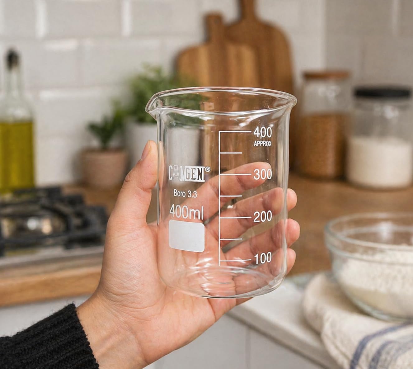 400 ml Cam Beher – Isıya Dayanıklı Laboratuvar Tipi Ölçü Kabı