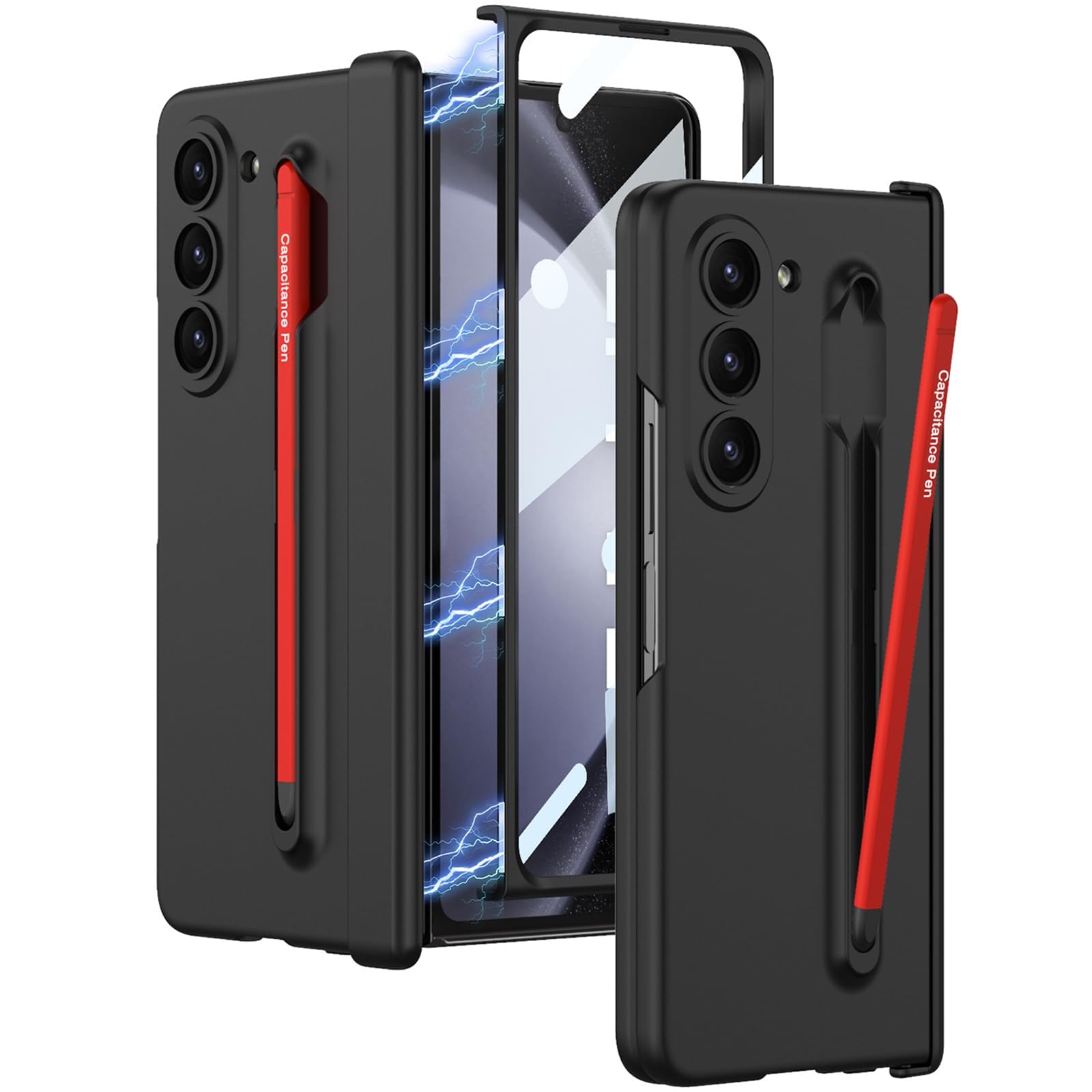 KASTWAVE Case Compatible with Samsung Galaxy Z Fold 5 5g Case, with Red S Pen & Hinge Protection, Magnetic Plating Protective Cover with Screen Protector Case for Samsung Z Fold 5 Phone Case (Black)