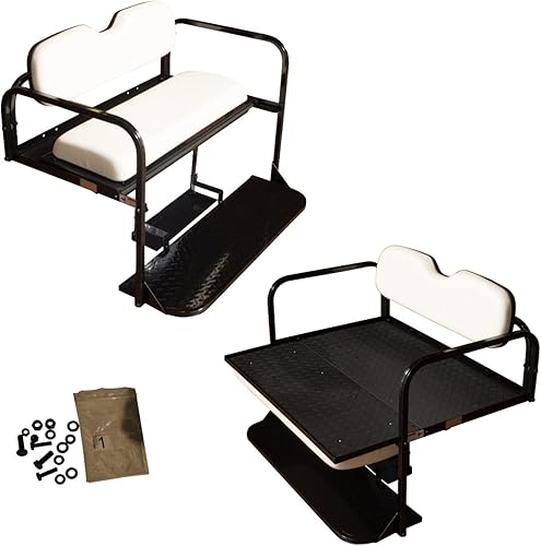 Performance Plus Carts EZGO TXT Golf Cart Rear Flip Seat Kit | Folding Steel Frame Rear Back Seat | White Cushions | Compatible with 1994.5-Up Models