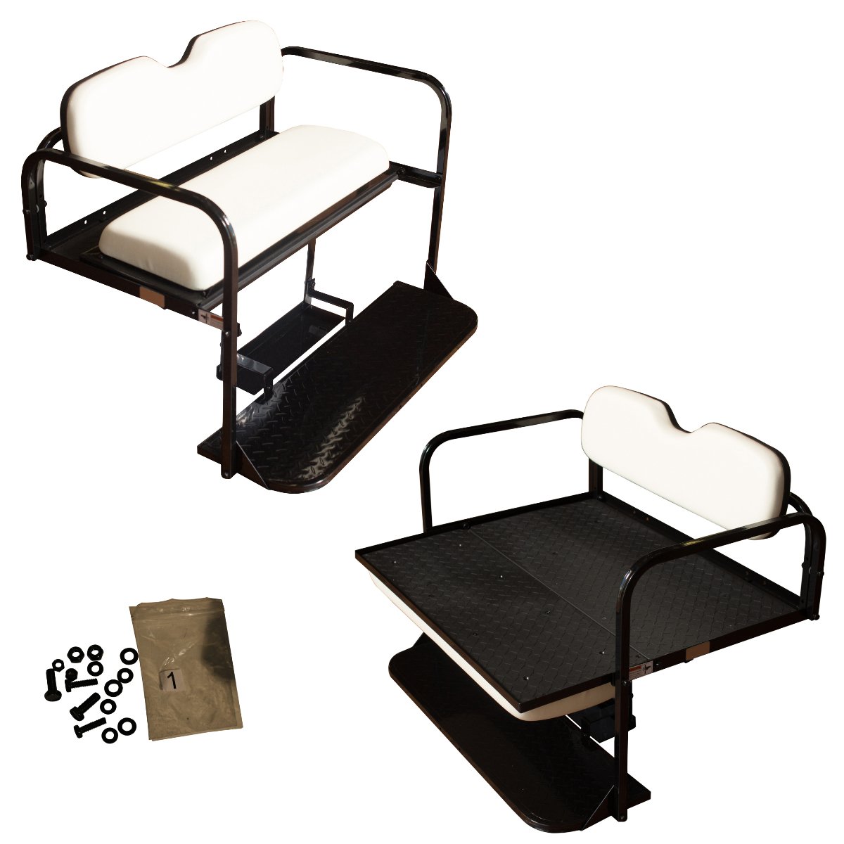 Performance Plus Carts EZGO TXT Golf Cart Rear Flip Seat Kit | Folding Steel Frame Rear Back Seat | White Cushions | Compatible with 1994.5-Up Models