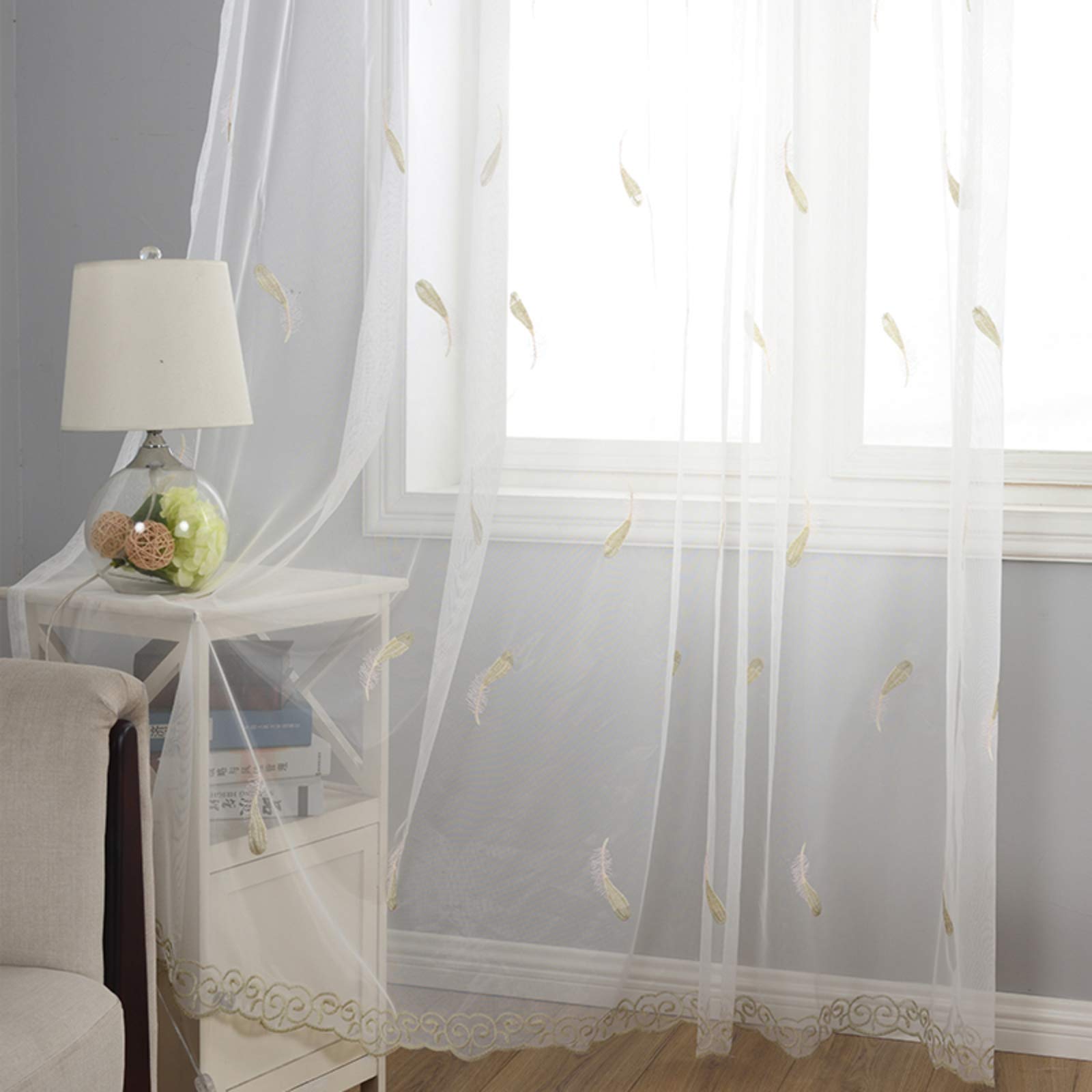 Voile rideau semi-blackout vert riz | Finition premium brodée plume