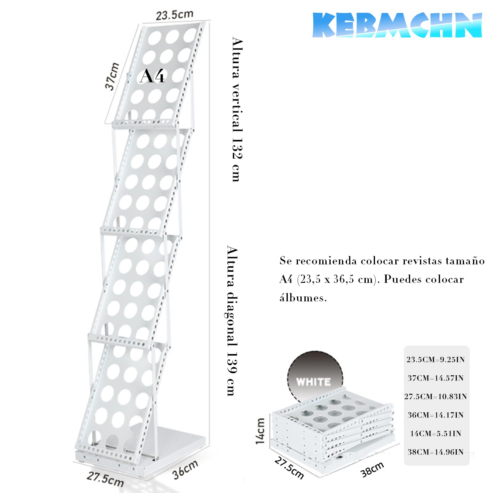 A4 - Soporte para catálogo de revistas y catálogos de literatura, Expositor de Revistas, portátil, de metal negro, incluye diseño de agujeros con bolsillo, plegable (blanco)