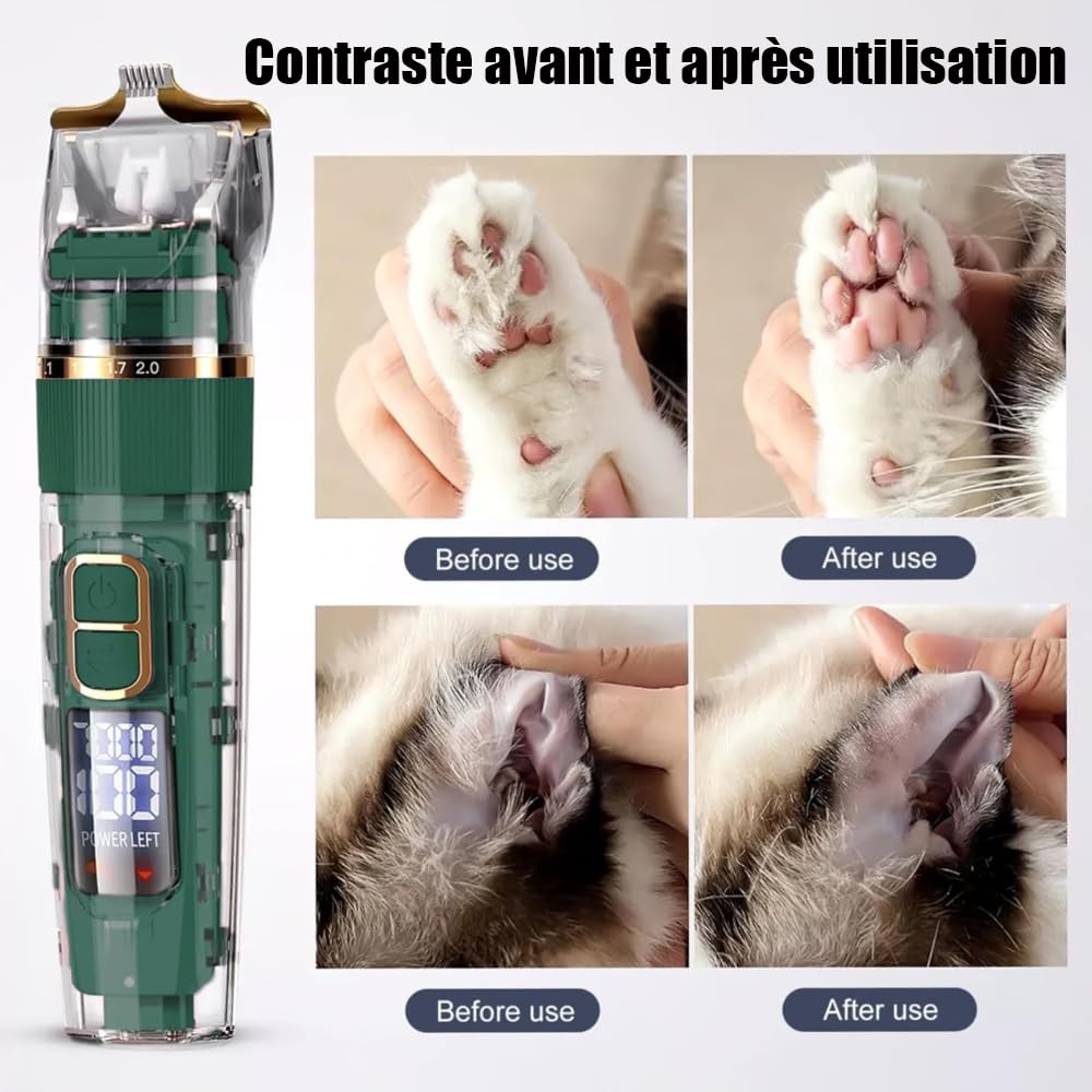 Tondeuse Professionnelle pour Chien et Chat, avec Écran LED, 4 Peignes de Limite, 3 Vitesses, Étanche IPX7 - pour Poils Longs et Noeud (Vert)