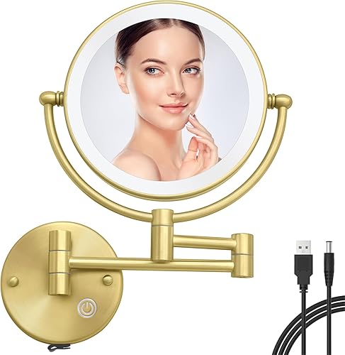 Miniatura 8 de Espejo de maquillaje iluminado de latón con aumento, espejo de aumento de pared 5X con luz, espejo extensible para baño, sensor táctil, níquel