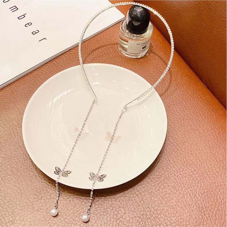 Miniatura 8 de Diadema de mariposa de boda, cadena de diadema de borla plateada, banda de aro para el pelo, vendimia, accesorios para el cabello para mujeres y