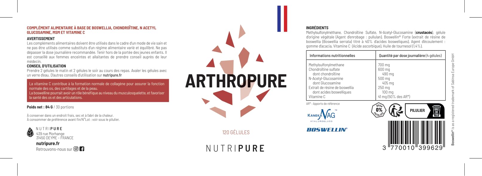 Nutripure | Arthropure | Bien Être & Souplesse Articulaire | 5 principes Actifs Brevetés : OptiMSM® + Chondroïtine sulfate Solabia® + N Acetyl Glucosamine Kaneka® + Boswellia WorkVel® + Vitamine C