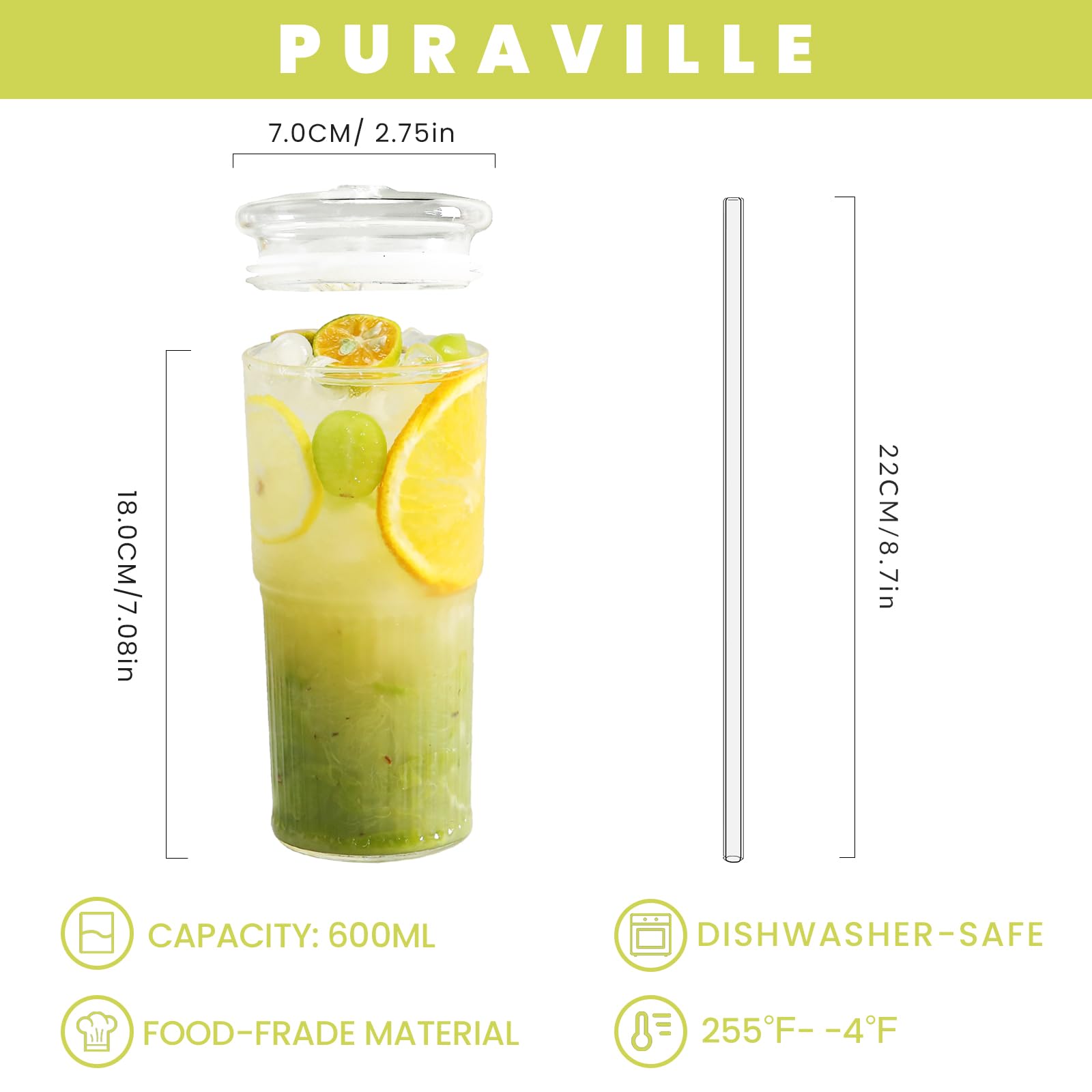 Puraville 2 Pack 20oz Glass Cups with Lids and Straws, Mason Jar Drinking Glasses Iced Coffee Cup, Glass Tumbler Smoothie Cup for Long Drinks