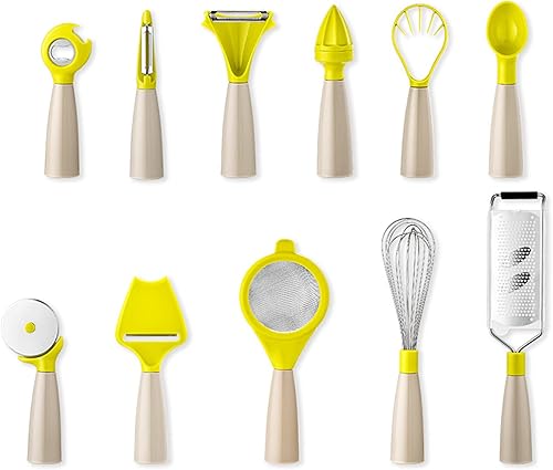 A-XINTONG - Juego de 11 utensilios de cocina de acero inoxidable con mango suave al tacto para cuchara de helado, rallador de queso, filtro, batidor