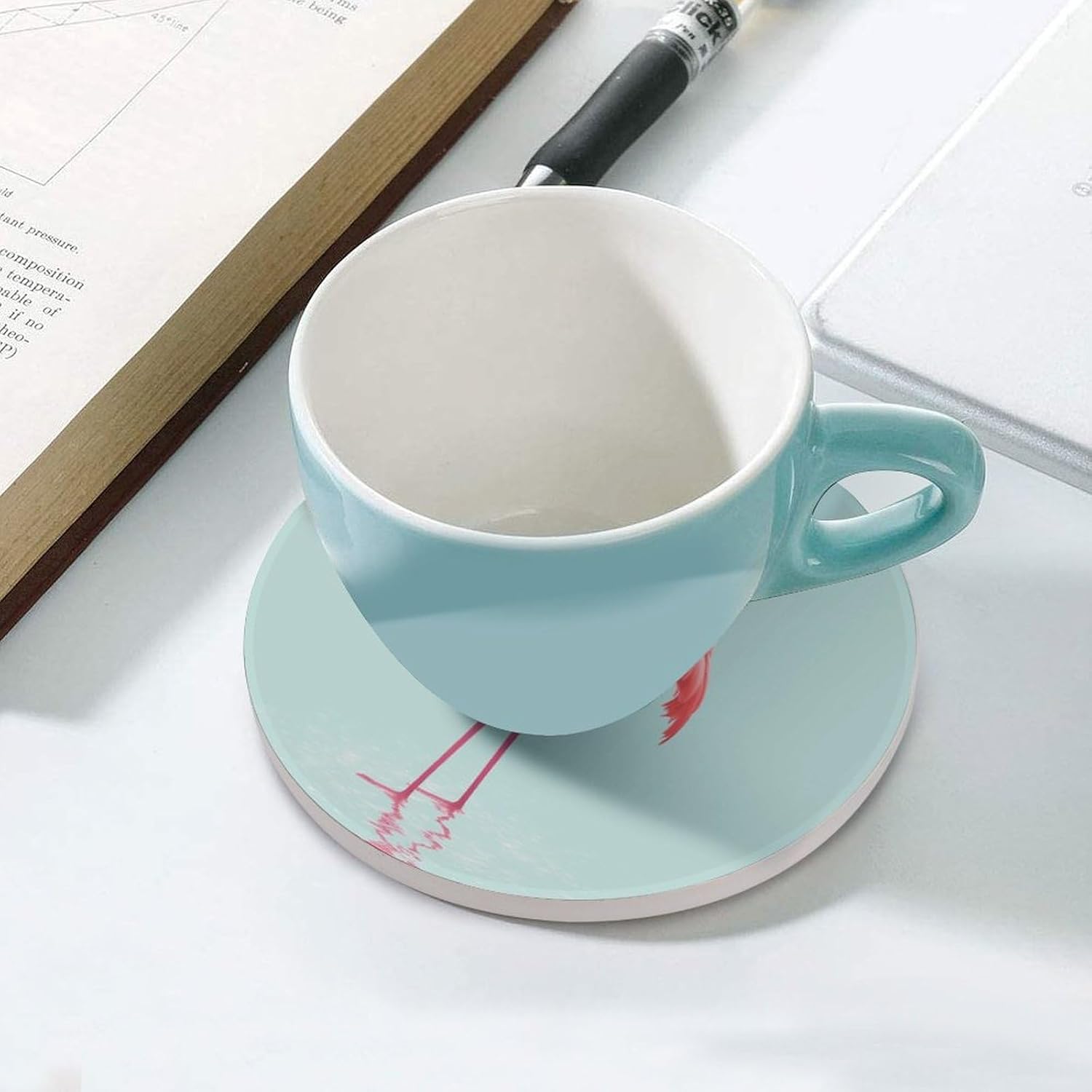 Pink Flamingo Coasters Round Coasters Set Ceramic Stone Coaster with Cork Base Coffee Cup Beverage Cup Mat Cute Funny Table Drinks Coaster for Mugs and Cups Office Kitchen