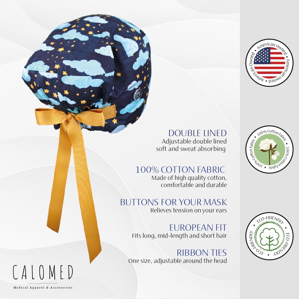 Euro Style Scrub Cap for Women & Men with Ribbon Ties & Buttons, Head Cover for Long or Short Hair image 4