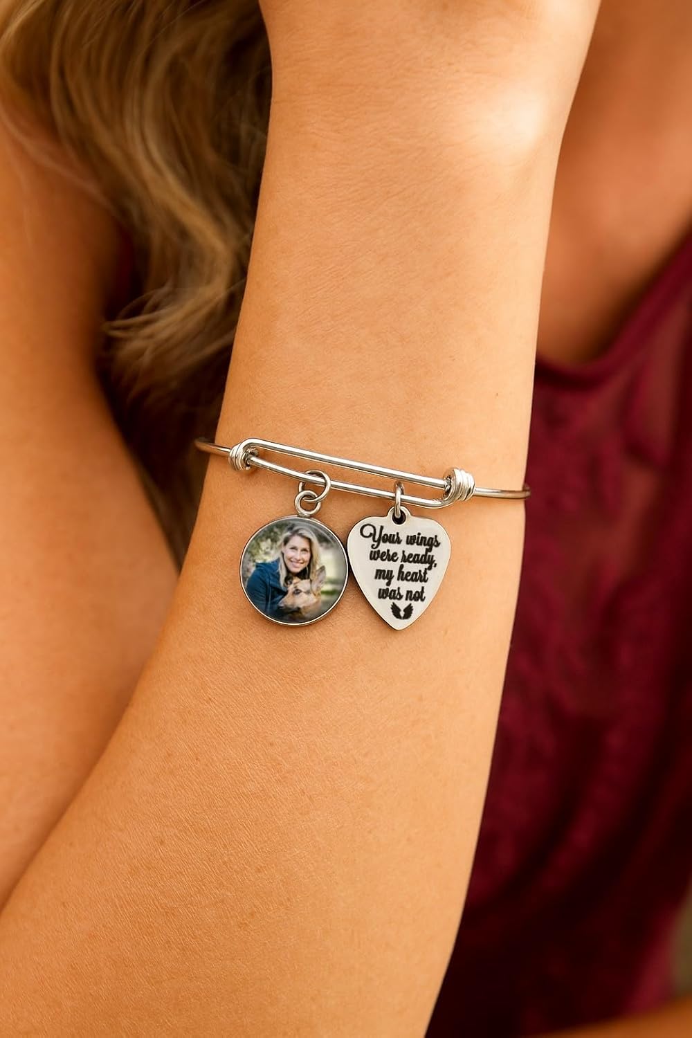 Loss of Loved One In Memory Custom Photo Stainless Steel Wire Wrap Charm Bangle Bracelet, Personalized Picture Pendant, Memorial Jewelry, Your Wings were ready my Heart was not