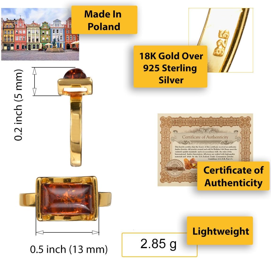 Amber Women's Jewelry - Genuine Baltic Honey Amber and Gold Plated Sterling Silver Ring