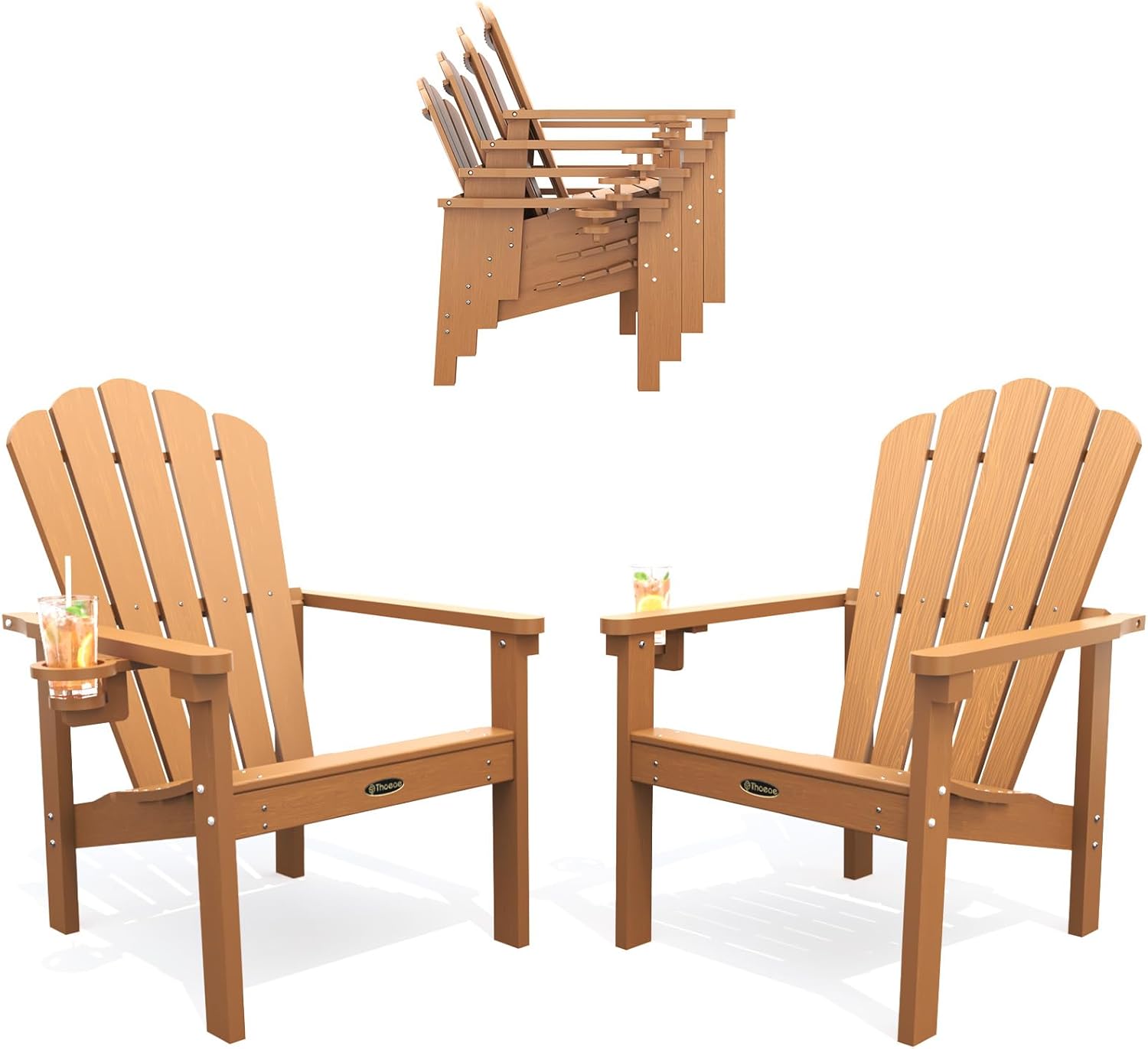 THOEOE Stackable Adirondack Chair Set of 2, HDPE All-Weather Adirondack Chairs - Durable and Space Saving, Plastic Outdoor Fire Pit Chairs with Cup Holder,Wood