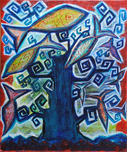Árbol con peces (60 x 73 cm) Cuadro original, lienzo (canvas) bastidor de madera, Acrílico y Óleo, pintado a mano, arte contemporáneo figurativo, decoración hogar, regalo para pared salón. Pez, peces