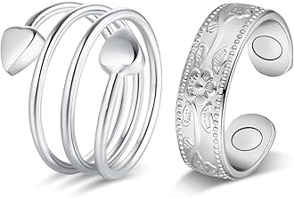 Jecanori Copper Rings for Women, Pure Copper Magnetic Lymphatic Drainage Rings for Women(Silver-flower&heart)