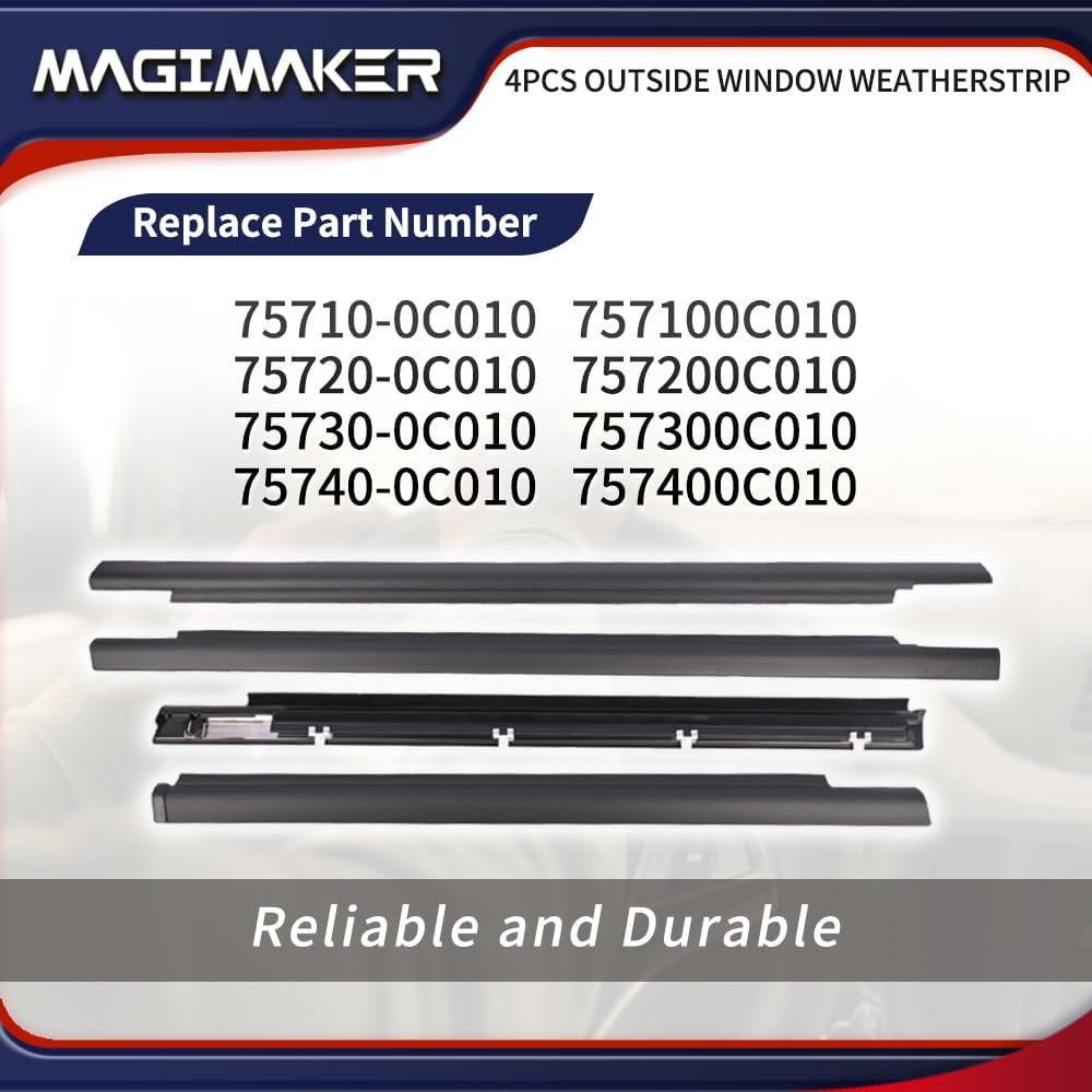4pcs Outside Window Seals Weatherstrip Trim Molding 75710-0C010 75720-0C010 Compatible with Toyota Sequoia 2001 2002 2003 2004 2005 2006 2007 Rubber Seal Moulding Strip