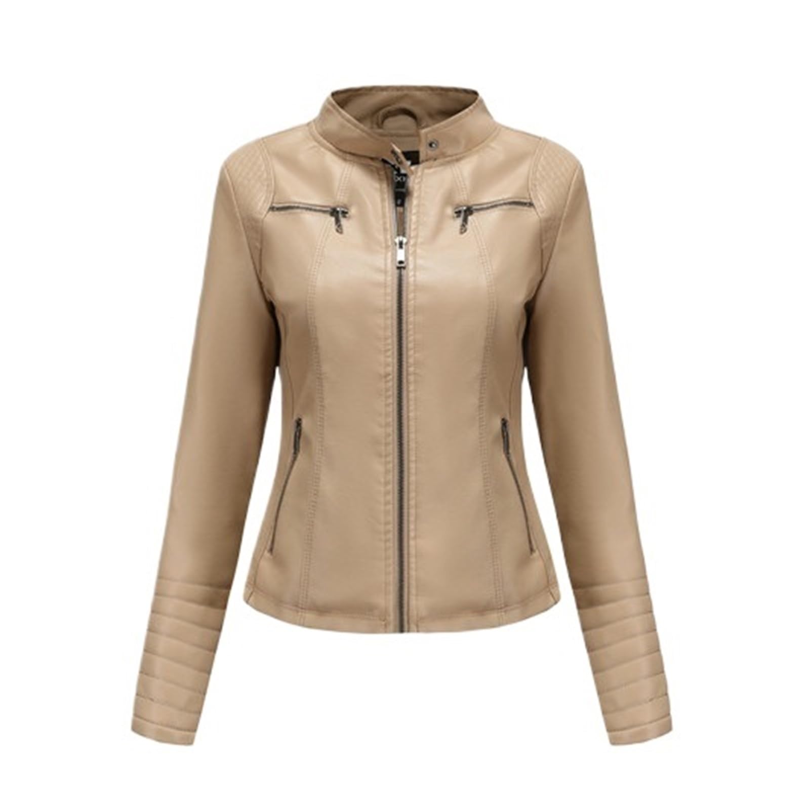 Chaqueta Cuero Mujer Women's Slim Leather Jacket Stand Up Collar Zipper Stitching Monochromatic Coat Para salir