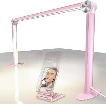 STOLAS Half Moon Light for Nail Desk with Phone Holder, 14 inch Height 3 Modes 3000K-6000K Dimmable LED Light, Desk Lamp for Nail Tech Pink