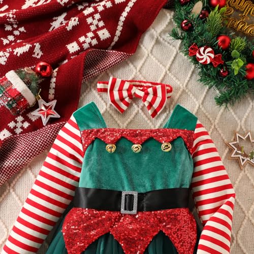 Toddler Little Girl Christmas Outfits Striped Long Sleeve Velvet Dress Jingle Bells Tulle Mesh Dress with Headband3