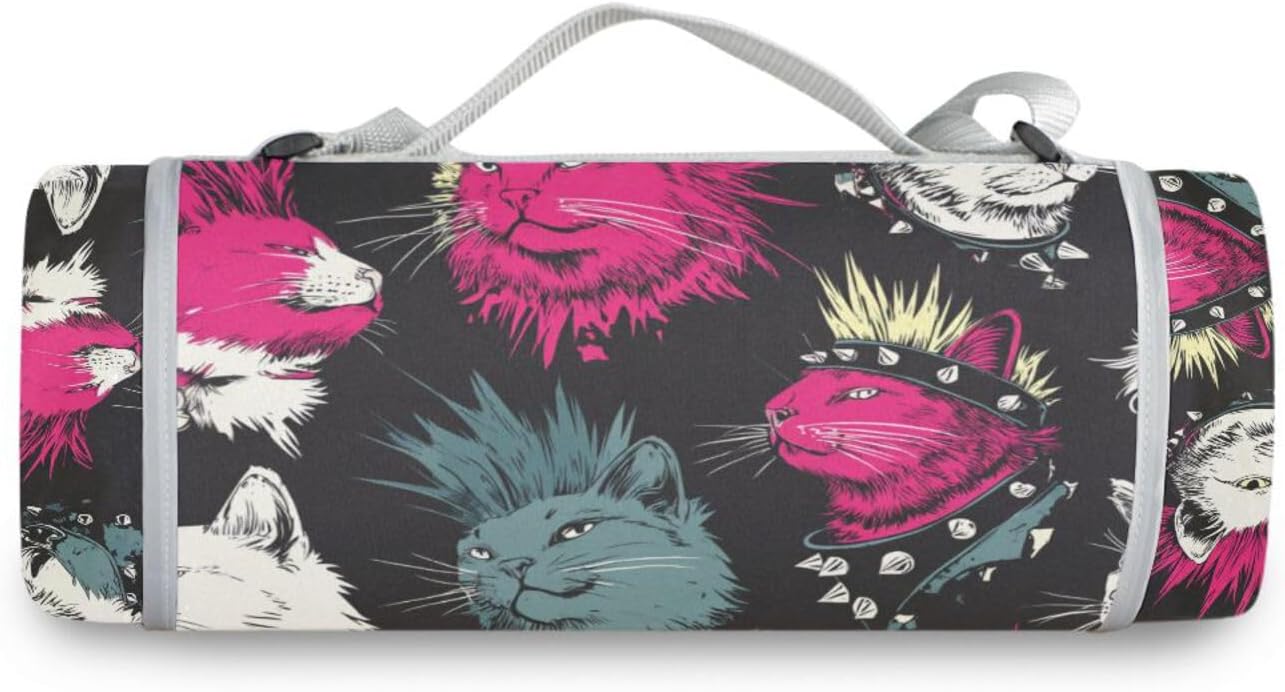 Round Camping Mat - Fits 2 Adults, Summer Accessories Sand Free Hiking Blanket for Beach Mat or Family Outdoor Camping Party 58 in (Punk Cats with Cool Hair Black)