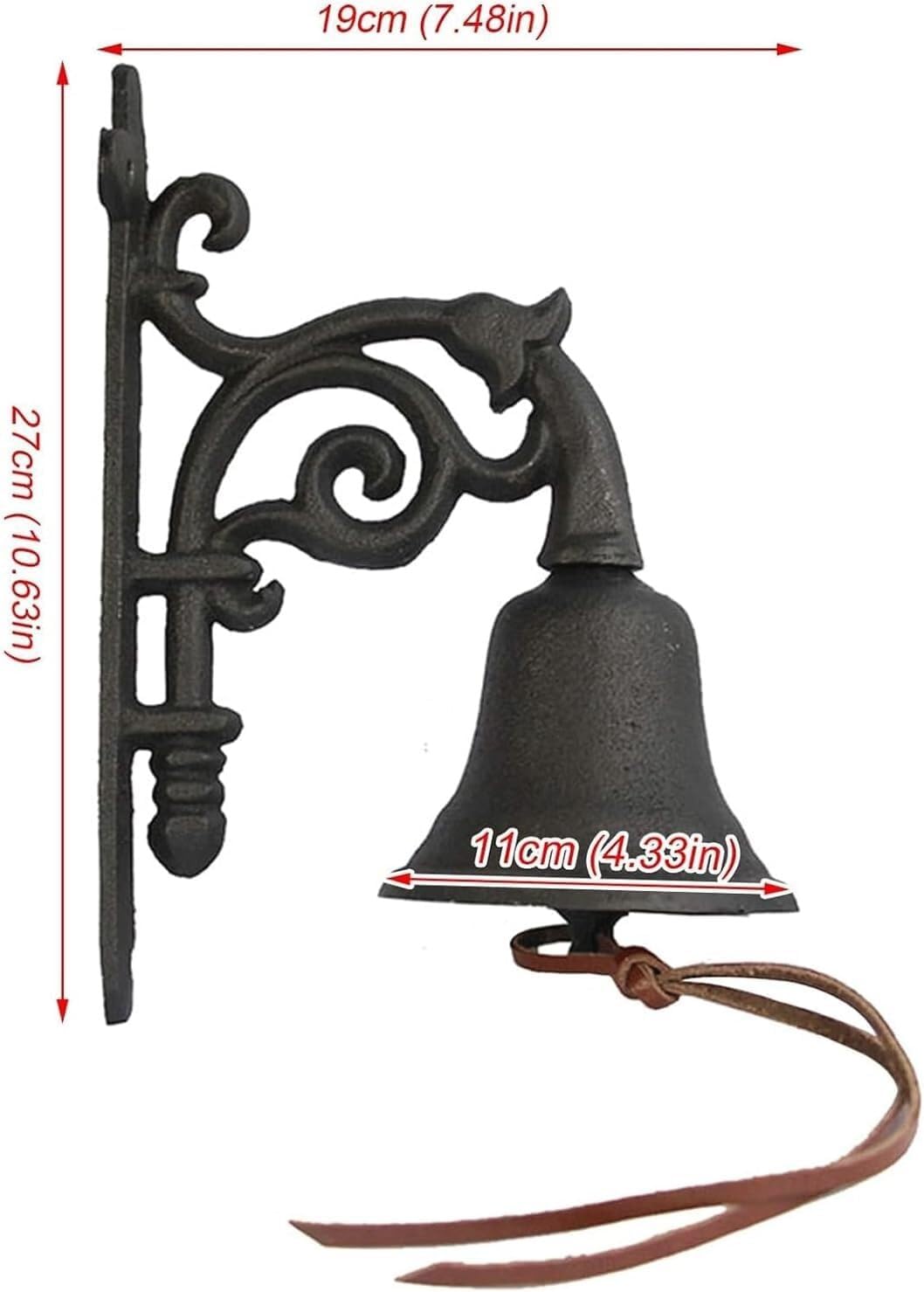 TIST Iron Door Knocker Vintage Cast Iron Dinner Bell Entry Door Knock Wall Mounted Bell with Leather Belt Exterior Door Ring Knocker Surface-Mounted Installation