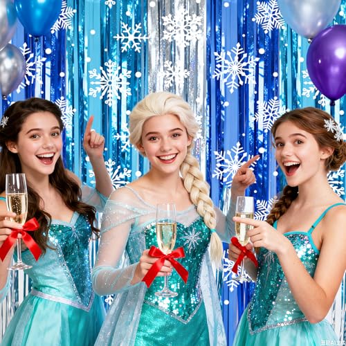 Image of 2 Packs Snowflake Foil Fringe Curtain, Blue Silver Ice Glitter Metallic Tinsel Backdrop for Princess Birthday Baby Shower Santa Claus Christmas Winter Wonderland Party Decoration Supplies